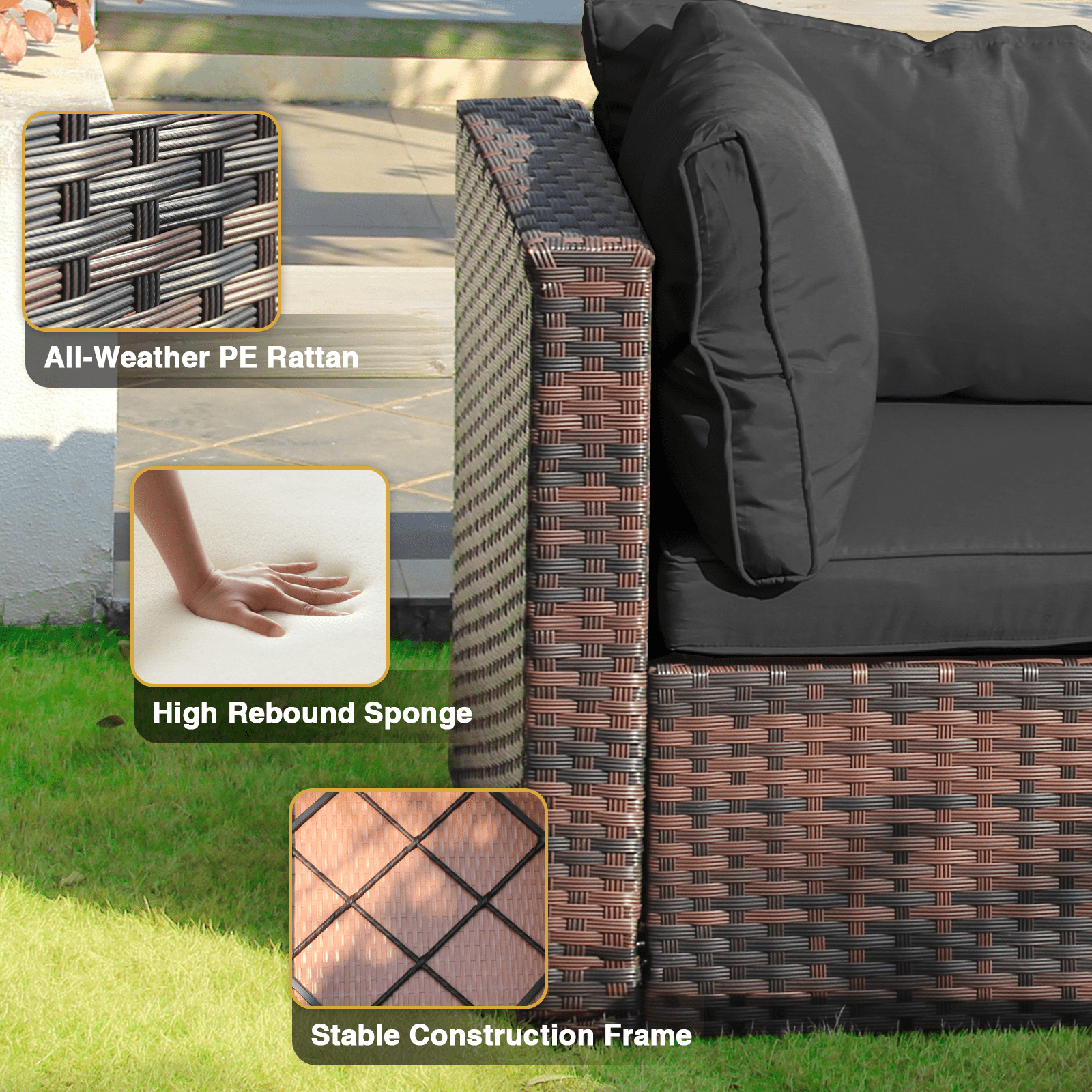 Gaildon 5 Piece Patio Furniture Set with Fire Pit Table, All Weather Outdoor Sectional PE Rattan, Patio Conversation Sets with Cushions and Glass Coffee Table for Garden Lawn Balcony Porch Deck,Black