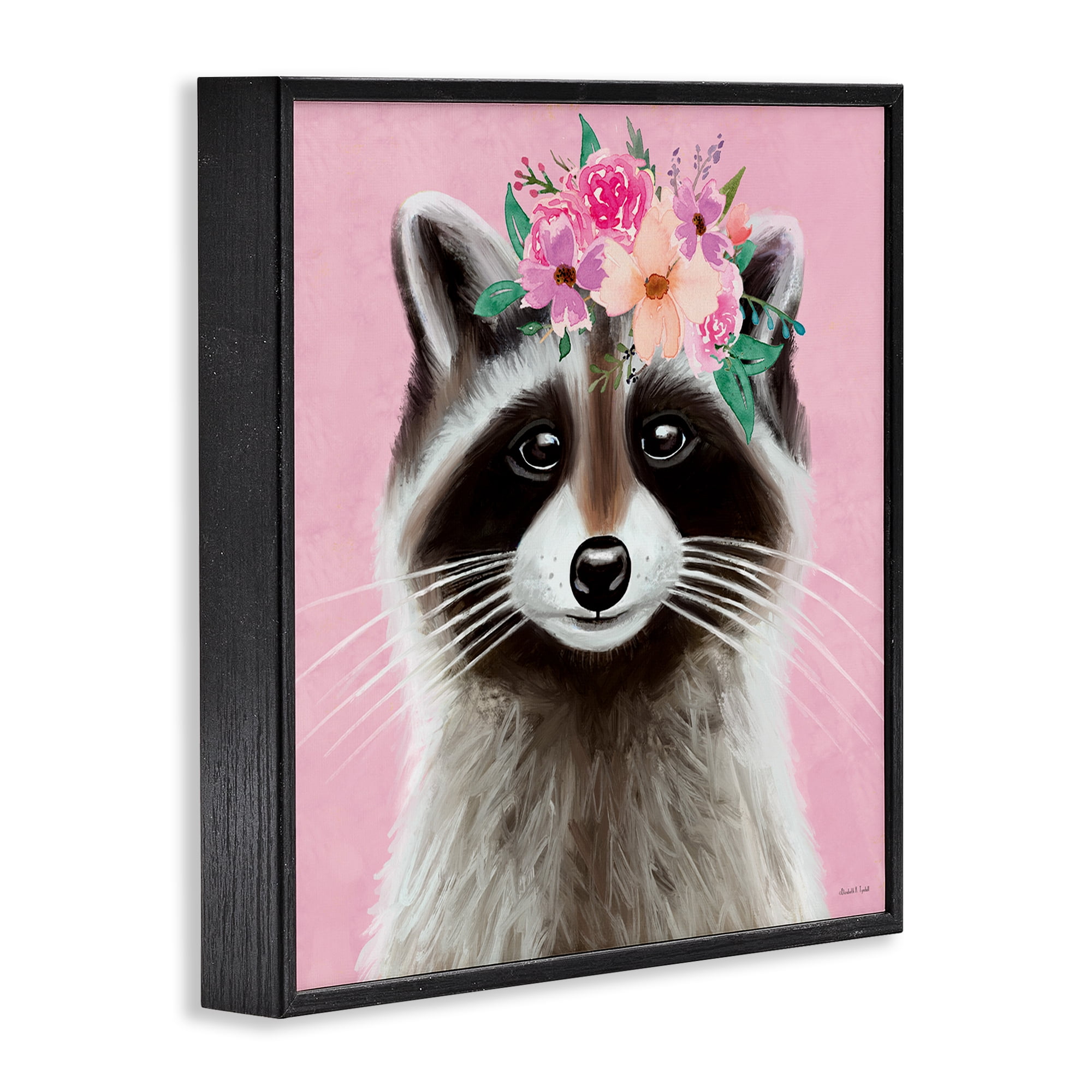 Stupell Industries Pink Florals Raccoon Animals & Insects Painting Black Framed Art Print Wall Art, 17 x 17