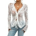 thumbnail image 2 of Lace Tops for Women Long Sleeve See Through Sheer Mesh Crop Top Shirt Open Front Tie Blouse Ruffle Cream White S, 2 of 8