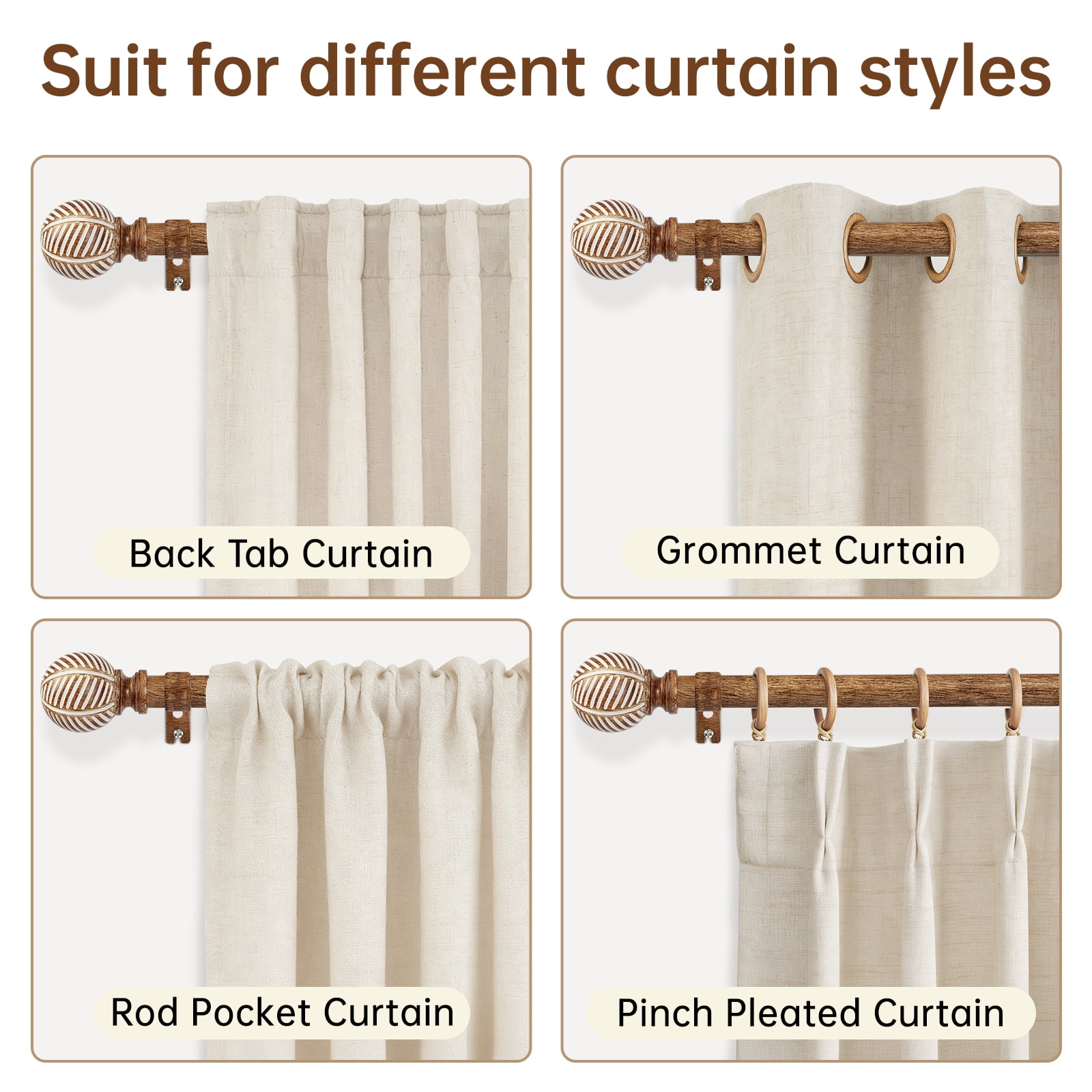 NewBuros Adjustable Wood Curtain Rod, 32 to 86 Inch, 1" Diameter Heavy-Duty Indoor Curtain Rod, Sturdy Rust-Proof with Wood Grain Leaf Pattern, Coffee Brown