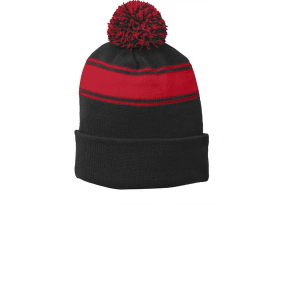 Sport Tek Adult Unisex Regular Stripe Beanie Black/Tr Red One Size Fits All