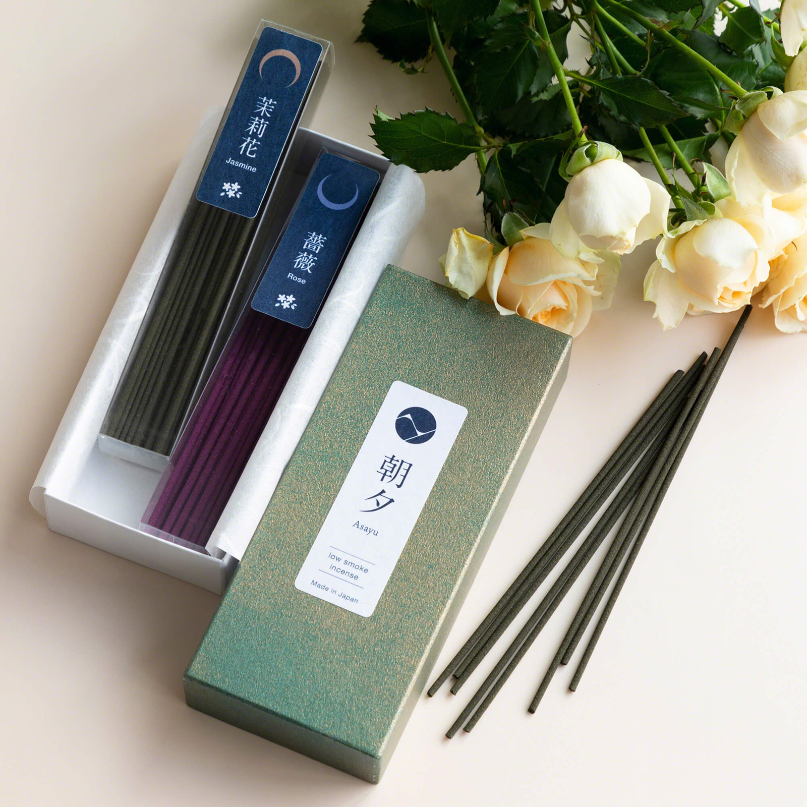 Asayu Japan Low Smoke Incense Sticks Set Jasmine and Rose Made in Japan 1.41oz