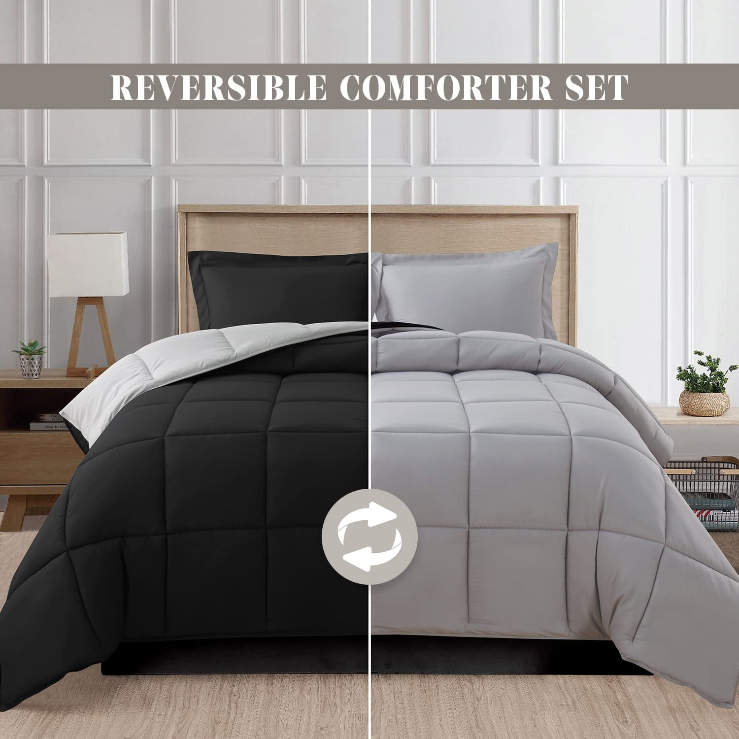 Mocassi NEW 3-Piece Comforter Set - Reversible, Box Stitched Down Alternative, Twin/Twin XL, All Season Suitable, Black/Silver