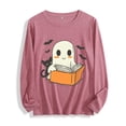 thumbnail image 2 of Xdegoge Women Cute Ghost Reading Book With Cat Long Sleeve T-Shirts Kawaii Halloween Graphic Tees Casual Crewneck Loose Fit Fall Pullover Tops Shirts, 2 of 7