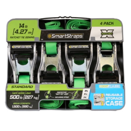 SmartStraps RatchetX Tie Down Ratchet Strap: 1'W X 14'L, 1500 Lb Work Capacity, S Hooks, Standard Duty, 4 Pk