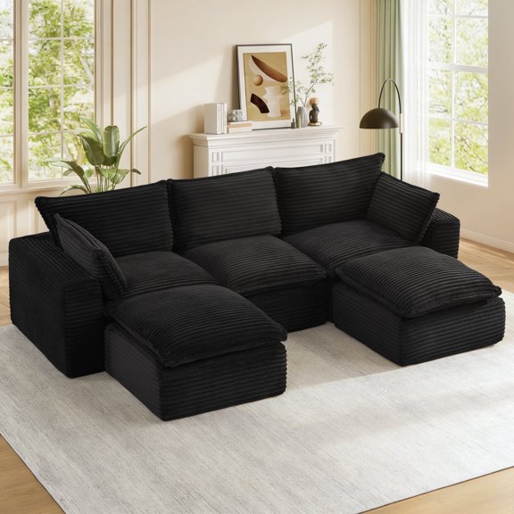 Muumblus 109" Modular Sectional Sofa with 2 Movable Ottoman,Oversized Boneless Deep Seat U-Shaped Cloud Couch, No Assembly Corduroy Living Room Sofa, Black