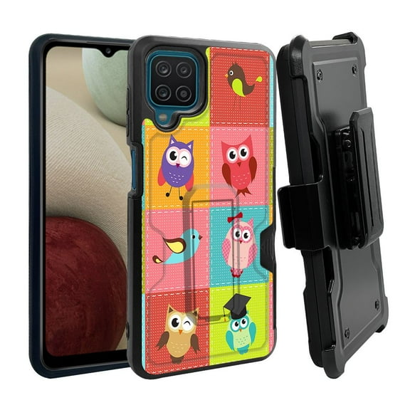 ANJ  Rugged Dual Layer Shockproof Holster Case w/Card Slot, Kickstand   Tempered Glass for Samsung Galaxy A12 - Patchwork Owls