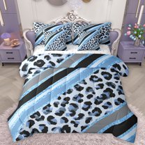 Homewish Fashion Cheetah Print Bedding Comforter Set, Leopard Wildlife King Bedding Sets, Blue Abstract Stripes Bed Sheets, Lightweight Room Decor