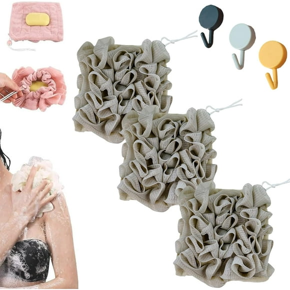 2 in 1 Loofah, 2 in 1 Loofah Sponge Washcloth, Washcloth Loofahs Combo with Drawstring and Hook, Exfoliation Mesh Shower Puff Ball for Body Wash Cleansing and Smooth Skin (3Pcs-C)