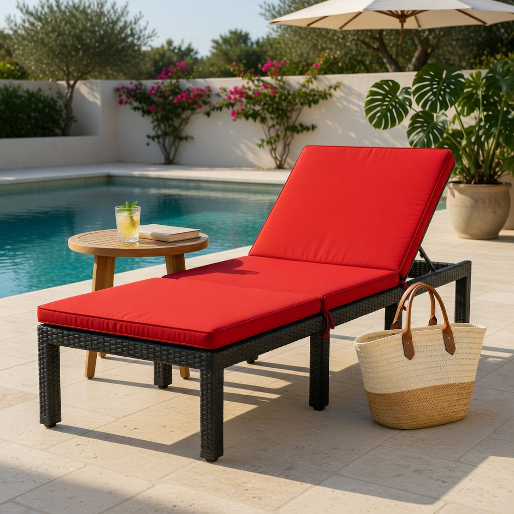 Hommoo Adjustable Height Outdoor Rattan Lounge Chair with Cushion, PE Wicker Patio Chair for Poolside, Garden, Porch, Red & Off-White