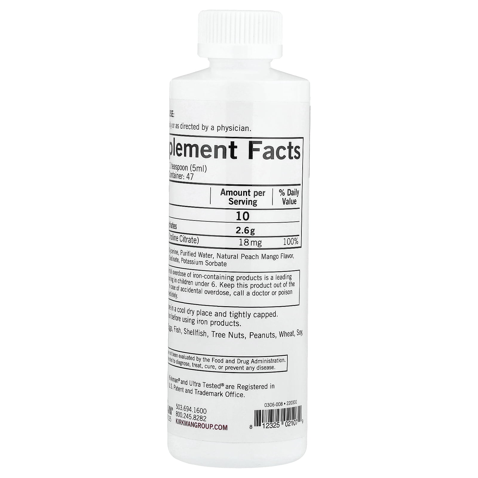 Kirkman Labs Iron Liquid, Natural Peach Mango, 8 fl oz (237 ml)