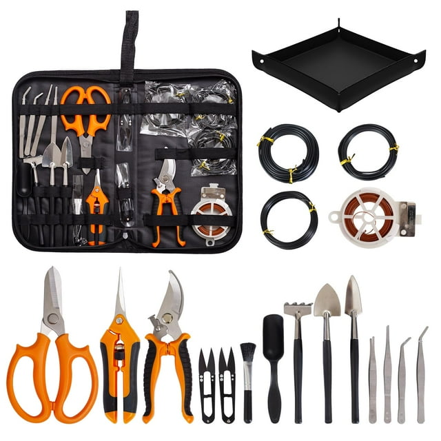 Bonsai Tools Kit 20 Pcs Garden Tools Set for Beginner, Includes Bonsai Wire Kit, Plant Mat, Pruning Shears, Bonsai Scissors, Succulent Tools in Leathe