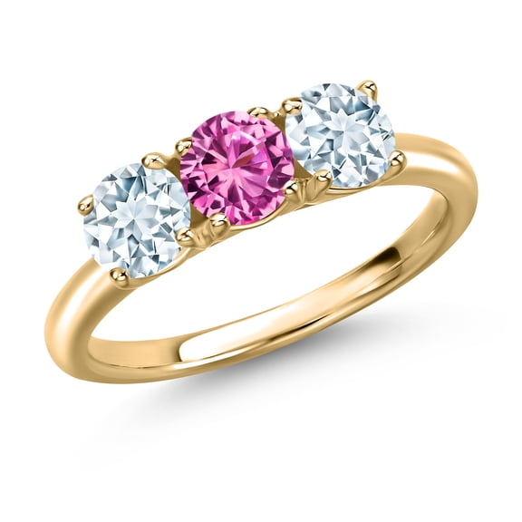 Gem Stone King 10K Yellow Gold Pink Created Sapphire and Sky Blue Aquamarine Engagement Ring for Women | 1.55 Cttw | Round 5MM | Gemstone September Birthstone | Size 7