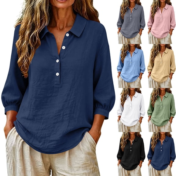 AKOEE Women's 3/4 Sleeve Shirts Cotton Linen Summer Casual Beach Tops Half Button Up Lapel Collar Blouses Loose (XL, Navy)