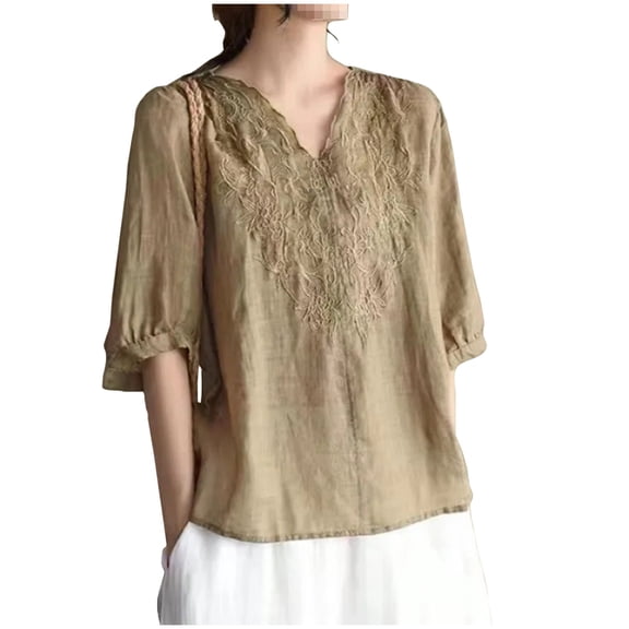 Summer Plus Size Tops for Womens 2026 Fashion Embroidered Round Neck Five Quarter Sleeved Short Sleeved