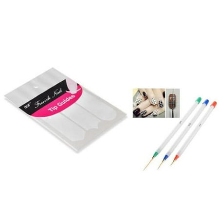 Zodaca 3PCS Nail Art Pen Painting Drawing UV Gel Liner Polish Brush+French Nail Art Tips Tape Sticker Guide DIY Stencil (2-in-1 Accessory