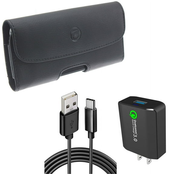 Home Charger & Case Belt Clip for iPhone 15 Pro - 18W Fast 6ft USB Cable Type-C Turbo Charge and Leather Holster Cover Pouch Q1P for iPhone 15 Pro (6.1")