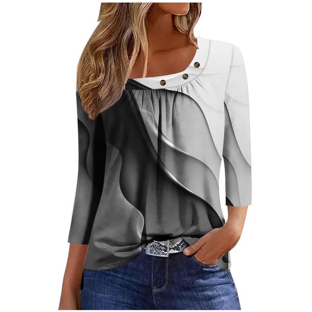 Fiudx Ofertas Relámpago Blusa de Manga 3/4 a La Moda para Mujer, Camiseta Estampada, Top Informal