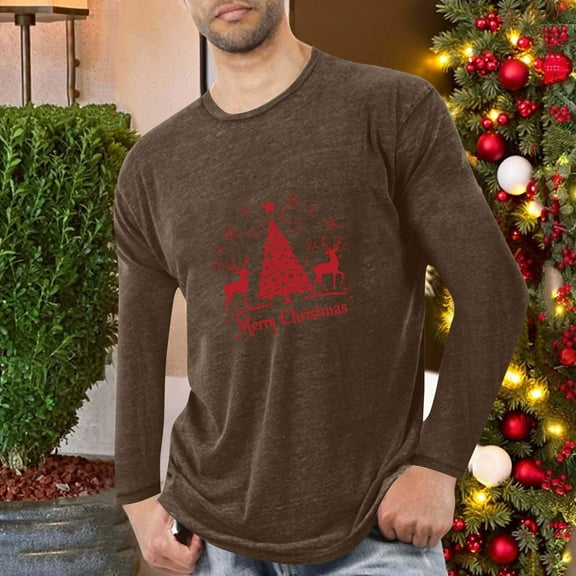 WMTBSRSW Men's Long Sleeve Tee Shirts Christmas Crew Neck T Shirt Novelty Graphic Casual Basic Tees Soft Stretch Workout T-Shirts Brown L