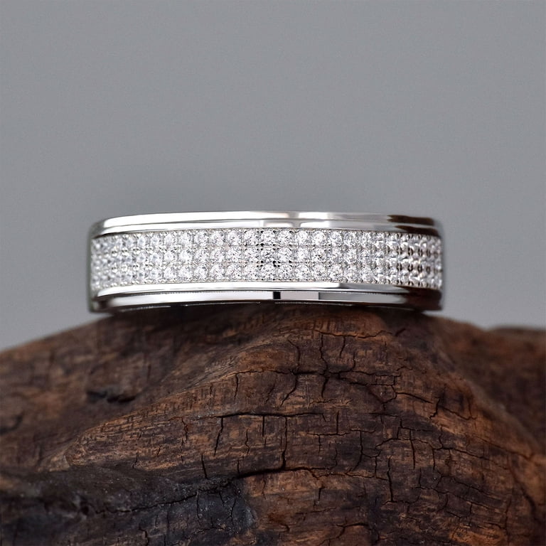 Men's Iced Out Cubic Zirconia Band Ring - Rhodium Plated, Size 13, Micro-Pave Simulated Diamond