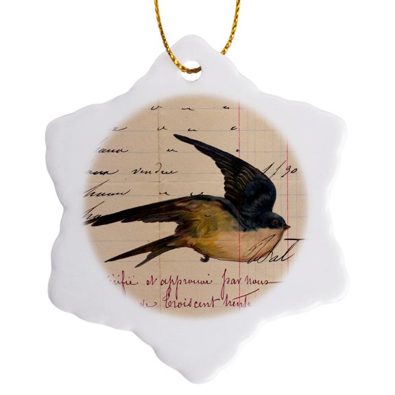 3drose, the Bird and Ledger Paper Digital Art by Angelandspot, 3 inch Snowflake Porcelain Ornament