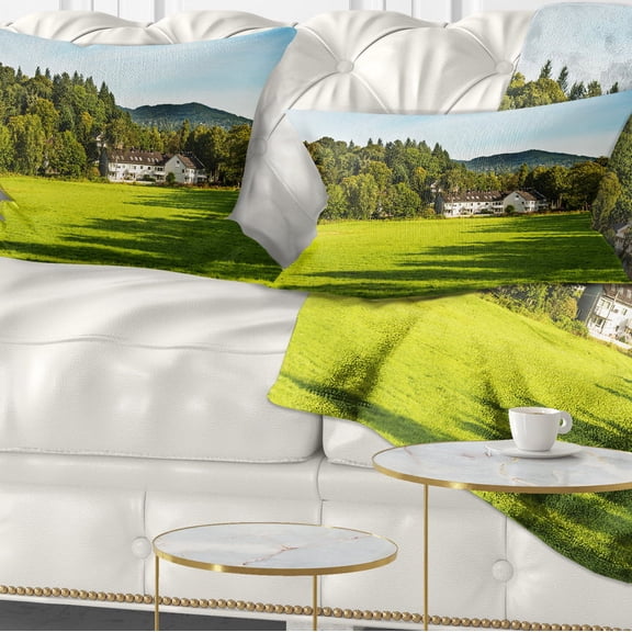 Designart Alone Farmhouse in Meadow - Landscape Printed Throw Pillow - 12x20