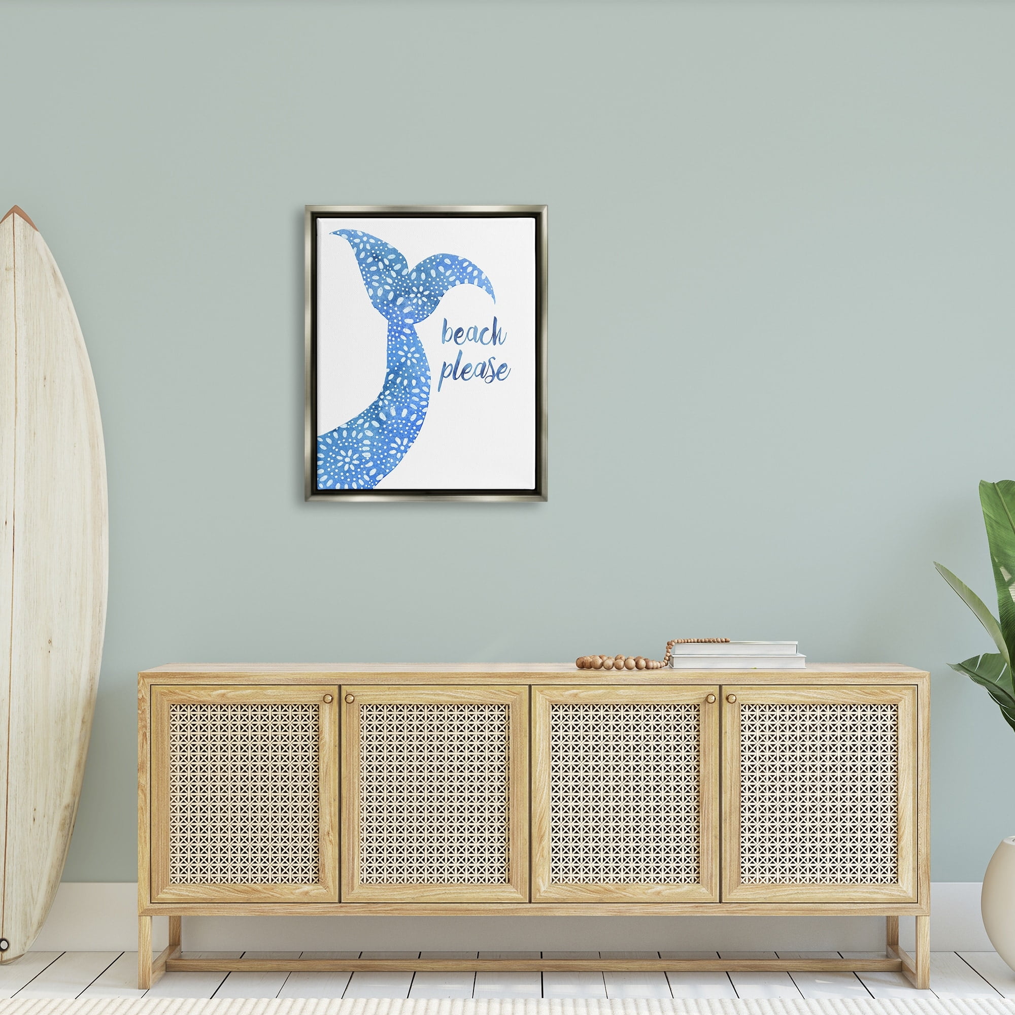 Stupell Industries Beach Please Blue Mermaid Tail Mandala Pattern Painting Luster Gray Floating Framed Canvas Print Wall Art, Design by Jackie Decker