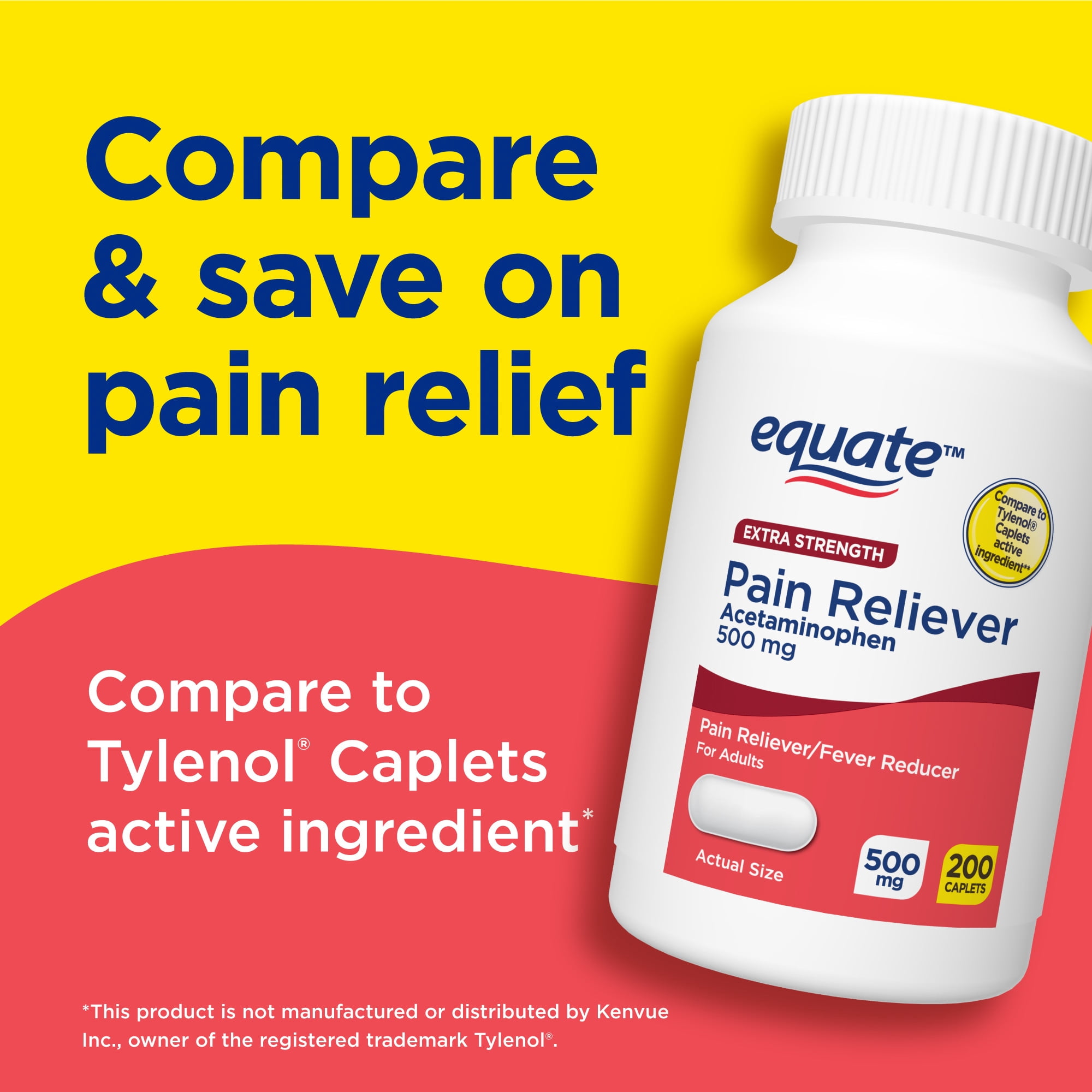 Equate Extra Strength Pain Reliever Acetaminophen 500mg Caplets, Fever Reducer, 200 Count, Compare to Tylenol® Extra Strength Active Ingredient