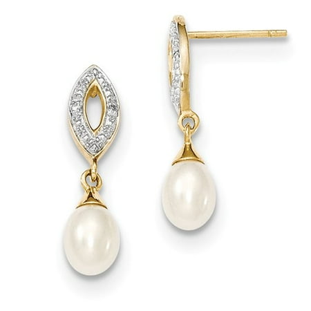 14k Yellow Gold 0.8IN Long Diamond and Freshwater Cultured Pearl Post Dangle Earrings