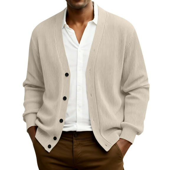 QHRMKOG Cardigan for Men Solid Color Long Sleeve V Neck Cardigan Sweater Trendy Relaxed Fit Button Up Cardigan Fall Warm Knit Sweater Beige 5XL