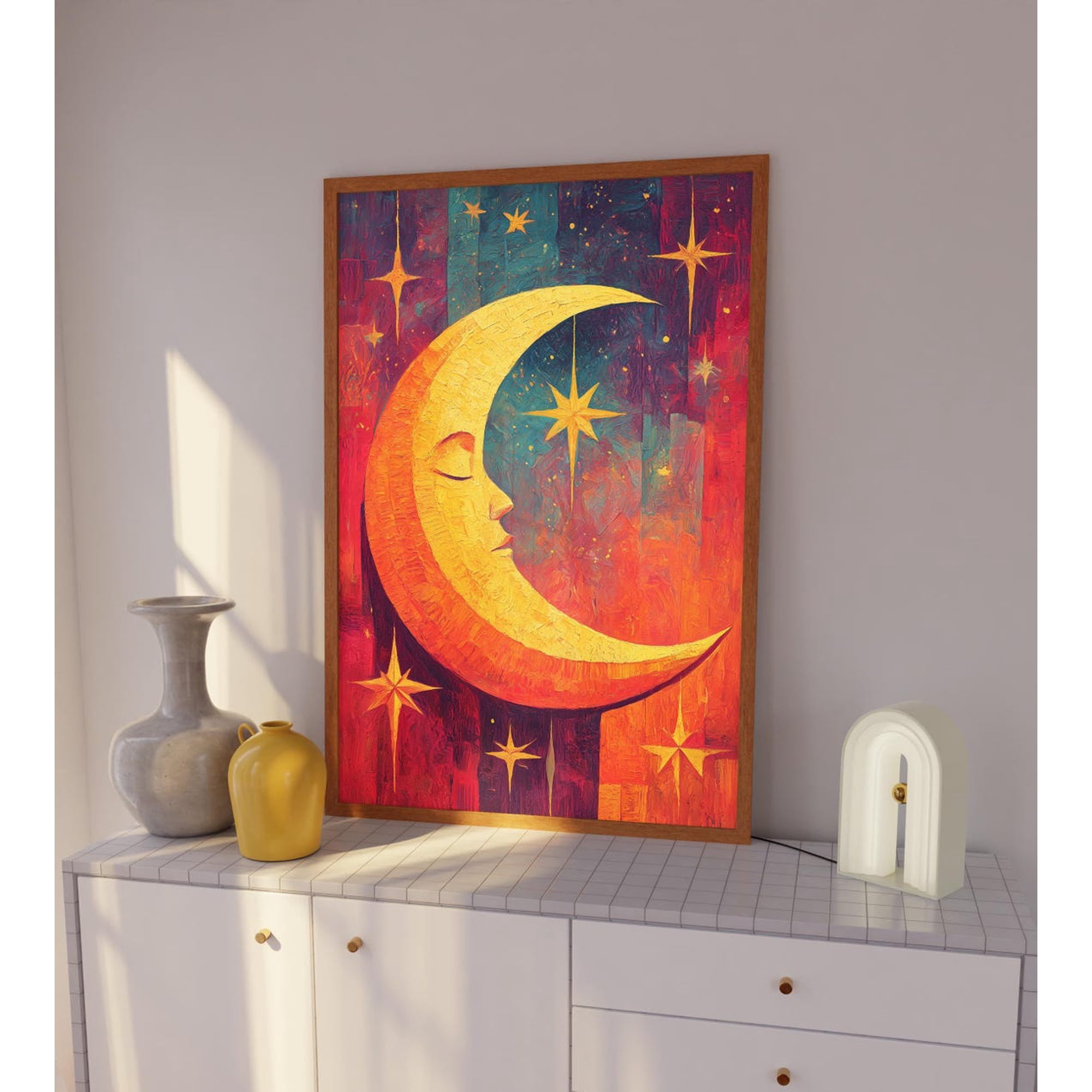 Cute Aesthetic Moon Apartment Decor Boho Crescent Moon Art Print Celestial Wall Decor Dreamy Night Sky Print Vibrant Moon Phase Poster Wall Art Modern Wall Decor 12x18 UNFRAMED