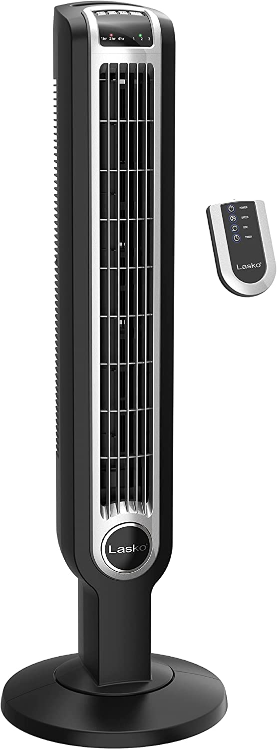 Lasko 2511 36” Oscillating 3-Speed Remote Control Tower Fan for Home, 36  Inch, Black