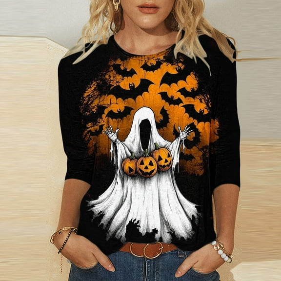 Inverlee Halloween Shirts Women Plus Size Pumpkin Ghost Graphic Tees Classic Round Neck T-shirt 3/4 Sleeve Dressy Casual Blouse Tops Halloween Gifts