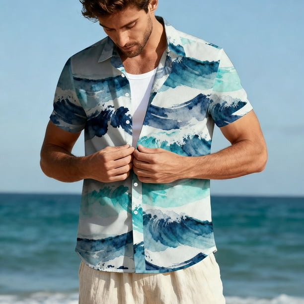 Blusa y camisa hawaiana de manga corta con cuello vuelto para hombre, camisa unisex de verano para playa, informal, de manga corta, con botones, ropa estampada, blusa para hombre