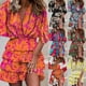 thumbnail image 3 of Women Fashion Print Bat Sleeve Dress V-Neck Hem Irregular Ruffled Slim Dress, 3 of 8