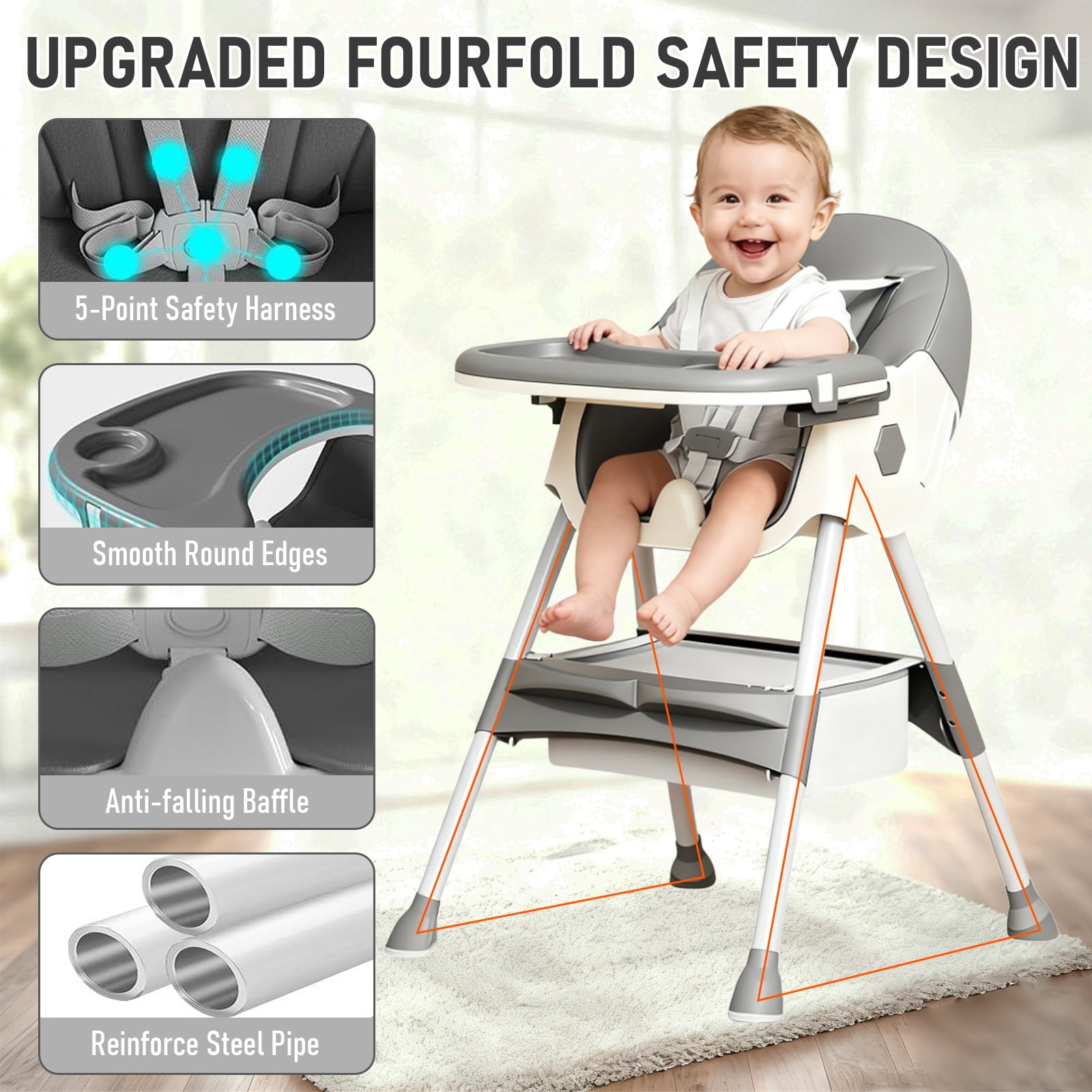 ManyFun-4-in-1 Baby High Chair Portable Toddler Baby Dining Chairs-Dining Booster Seat for Eating-Dinner Plate and Toy Rack,Grey