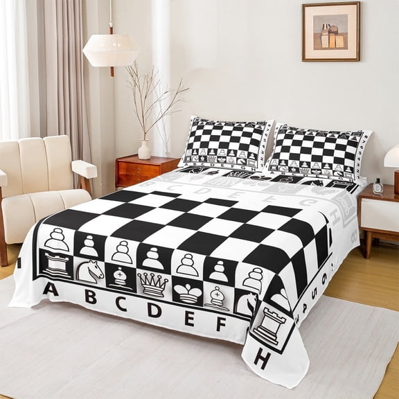 Castle Fairy International Chess 3pcs Twin Sheet Sets,Geometric Plaid Twin Fitted Sheet,Black White Breathable Flat Sheet,Ultra Soft International Chess Home Decor