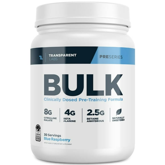 Transparent Labs Bulk Pre Workout Powder - Naturally Sweetened Advanced Pre-Workout Formula for Muscle Building and Strength - 30 Servings, Blue Raspberry