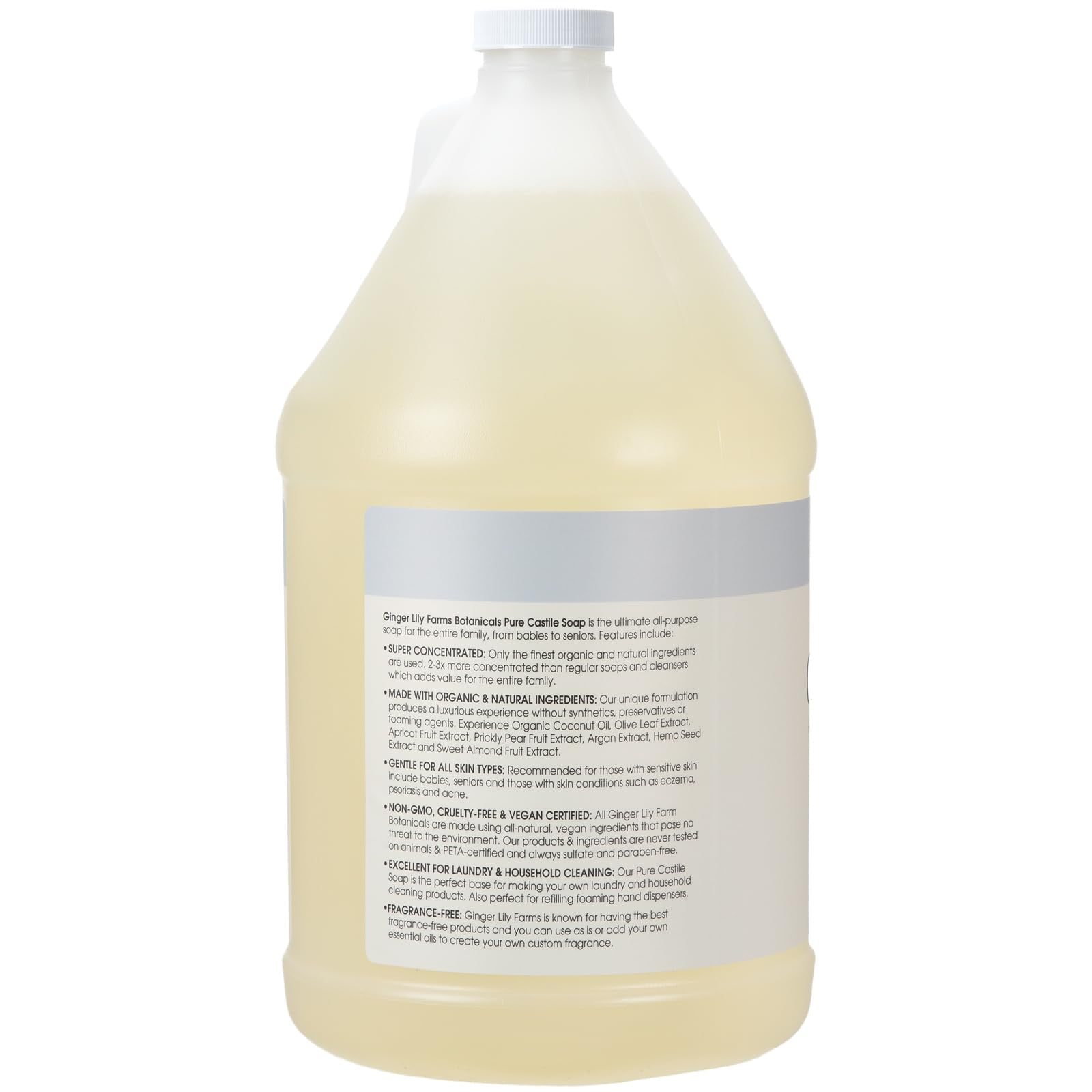 Ginger Lily Farms Botanicals Pure Castile Liquid Soap Refill, Fragrance-Free, 1 Gallon, All-Purpose Cleaner for Body, Face, Hair, Dishes, Laundry & Pets, Non-GMO, 100% Vegan & Cruelty-Free