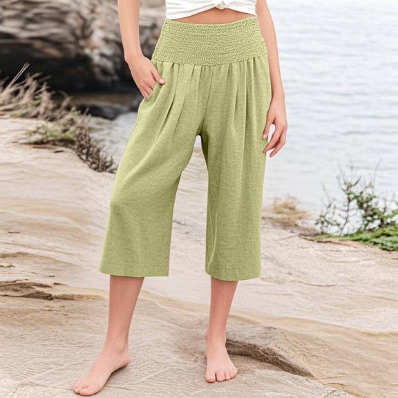 Girls Capri Pants Summer Cotton Linen Wide Leg Palazzo Pants Kids High Waisted Casual Yoga Athletic Cropped Trousers