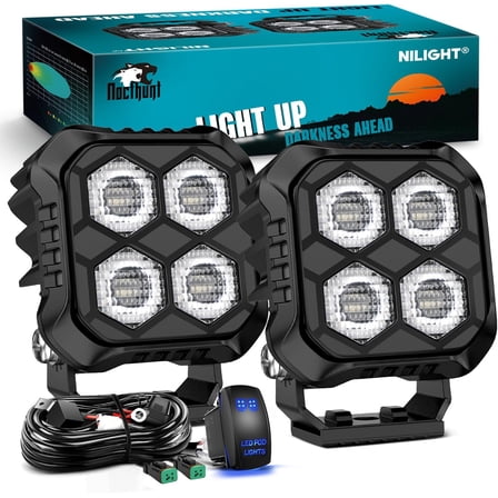 Nilight LED Pod Light 2 PCS 2.8 Inch 20 W 4 LED Square Hyper Flood Beam Driving Offroad Lights w/18AWG Rocker Switch Wiring Harness Kit for Truck Motorbike Boat ATV UTV SUV