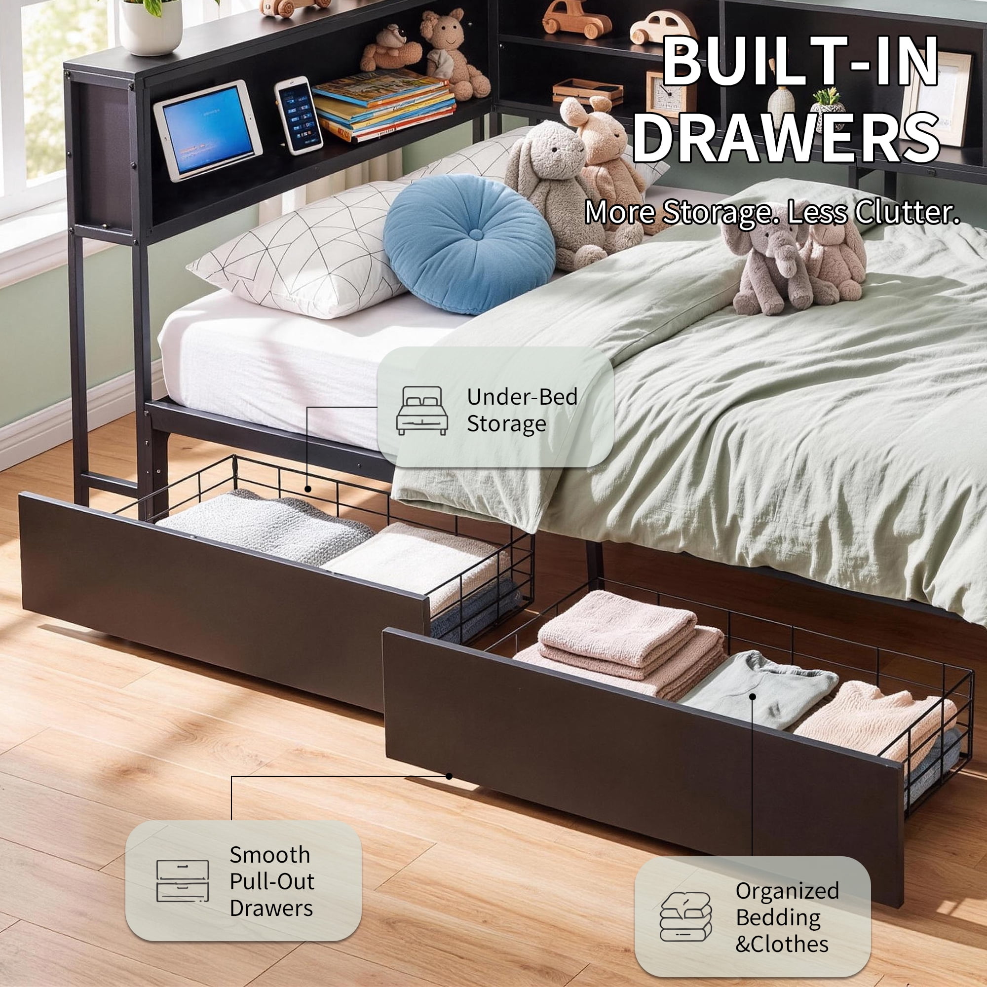 Leumius Corner Bed Frame with Storage Bookcase, Twin Daybed with LED Lights & 2 Drawers, Metal Platform Bed with Headboard and Charging Station for Bedroom Guest Room Black