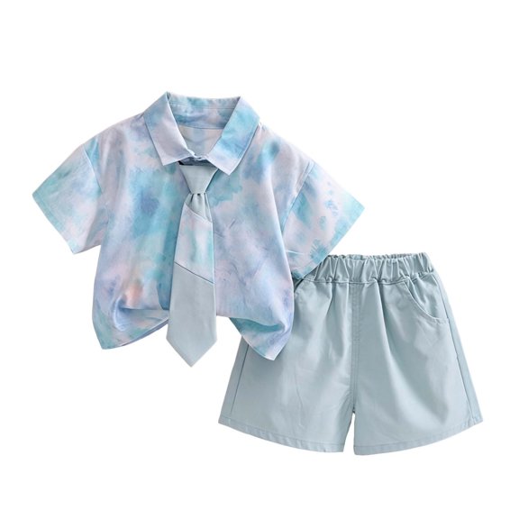Qingpeng Kids Summer Tie Dye Short Sleeve Shirt With Necktie And Pocket Shorts Matching Outfit Set for Kids
