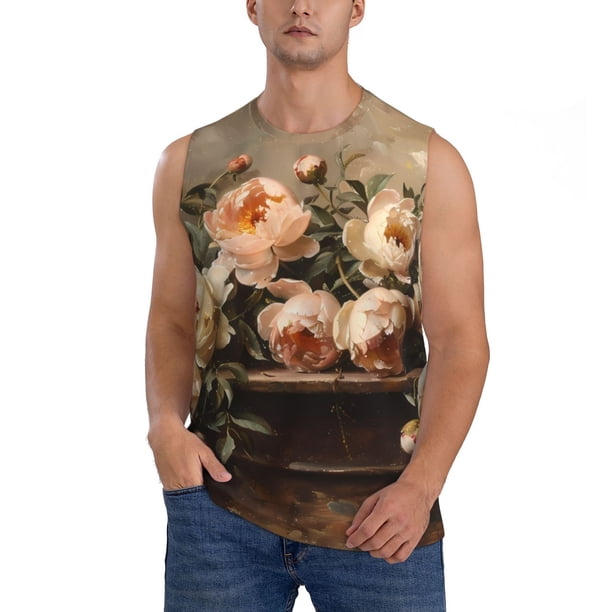 Fotbe Vintage Peonies Rustic Charm Men's Camiseta sin Mangas Estampada para Hombres, Playera Casual para Gimnasio, Entrenamiento, Playa-Small