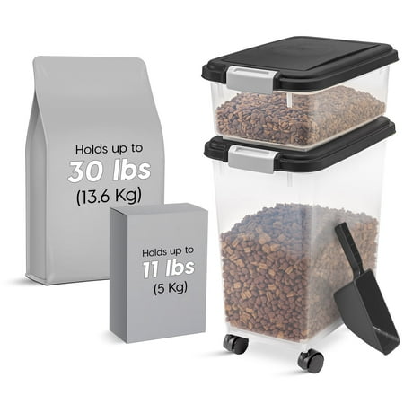 Condition photo showing New/Like New for iris usa 30 lbs & 11 lbs combo airtight dog food storage container stackable treat box 2-cup scoop casters keep fresh easy mobility black