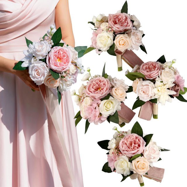 BENCENTRE Ramo de dama de honor rubor de 7 pulgadas para boda, juego de 4 pequeños ramos de boda para propuesta de matrimonio, fiesta y ceremonia de boda vintage, flores artificiales de aniversario