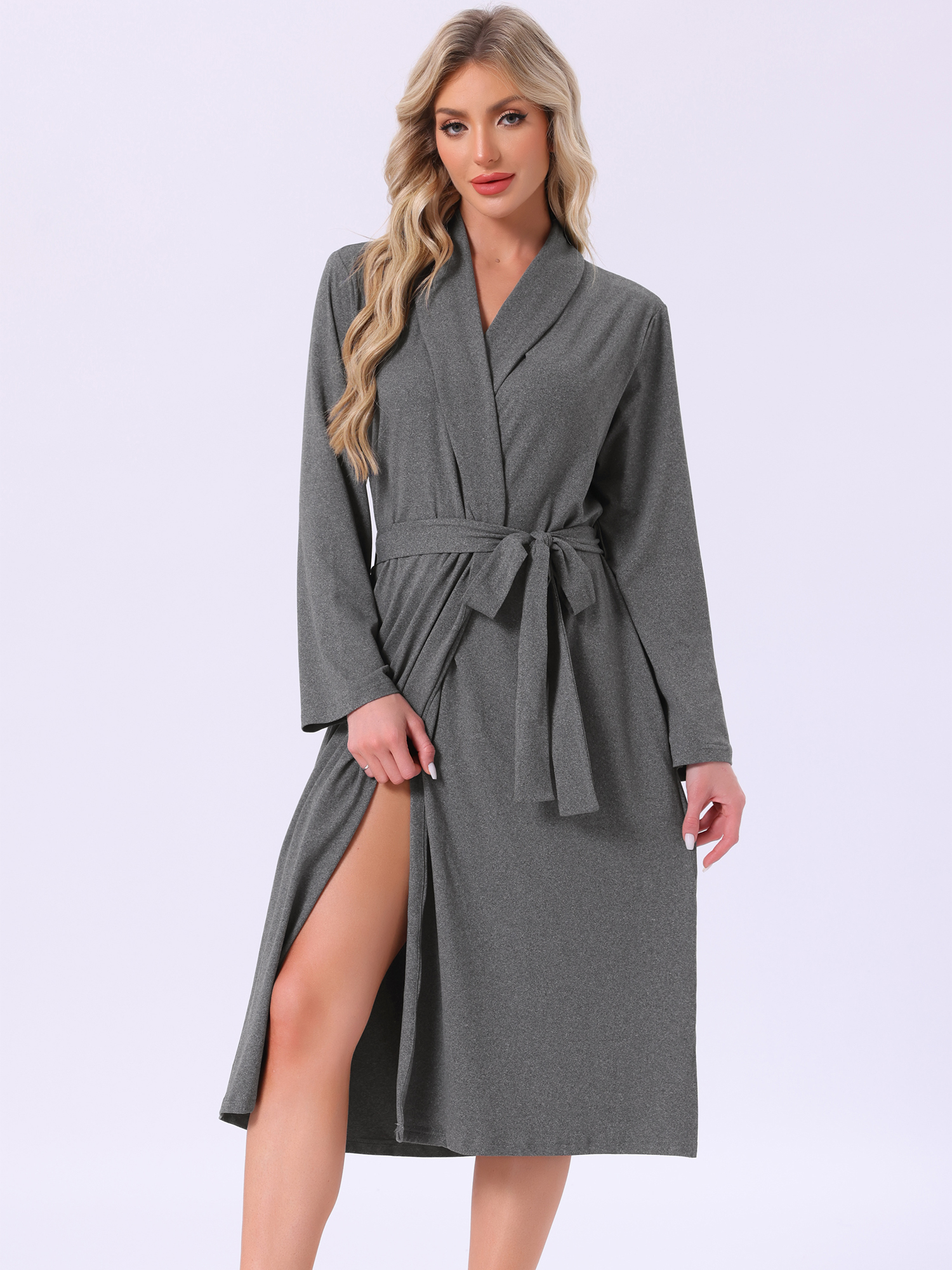 DARING DIVA Long Sleeve V-neck Kimono Midi Loungewear Bathrobe XL Dark Gray