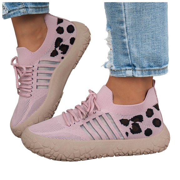 HEWUQI Women's Walking Shoes Breathable Mesh Leopard Print Running Sneakers Lightweight Slip on Casual Platform Athletic Gym Footwear Red Size 6