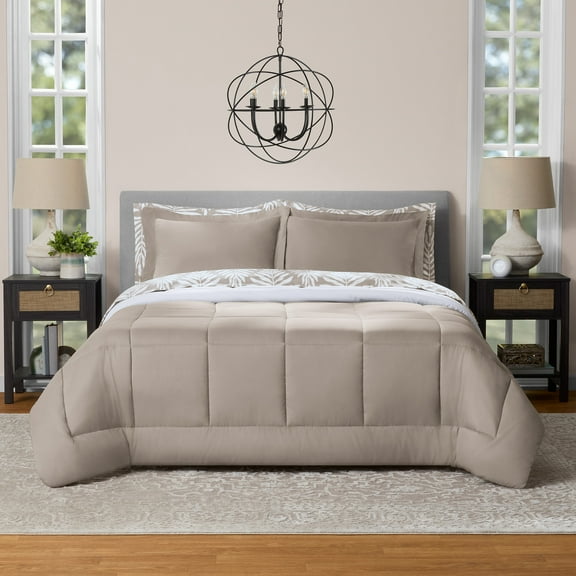 Mainstays All in One Reversible Comforter and Sheet Set- 7 Piece, King, Beige Palm