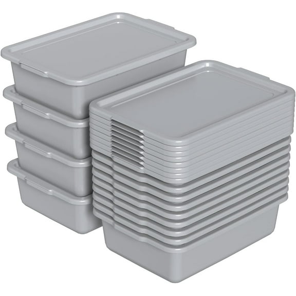 Farmoon 12-Packs 13 L Commercial Bus Tubs with Lids, Plastic Restaurant Bus Box, Grey